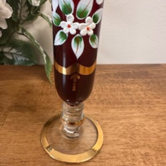 Vintage Red Gold Enameled Vase Hand Painted Floral Bohemian Czech Style Glass De - Picture 2 of 5